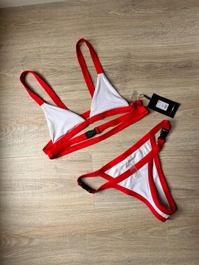 Fashion Nova Red & White Strappy Bikini Set